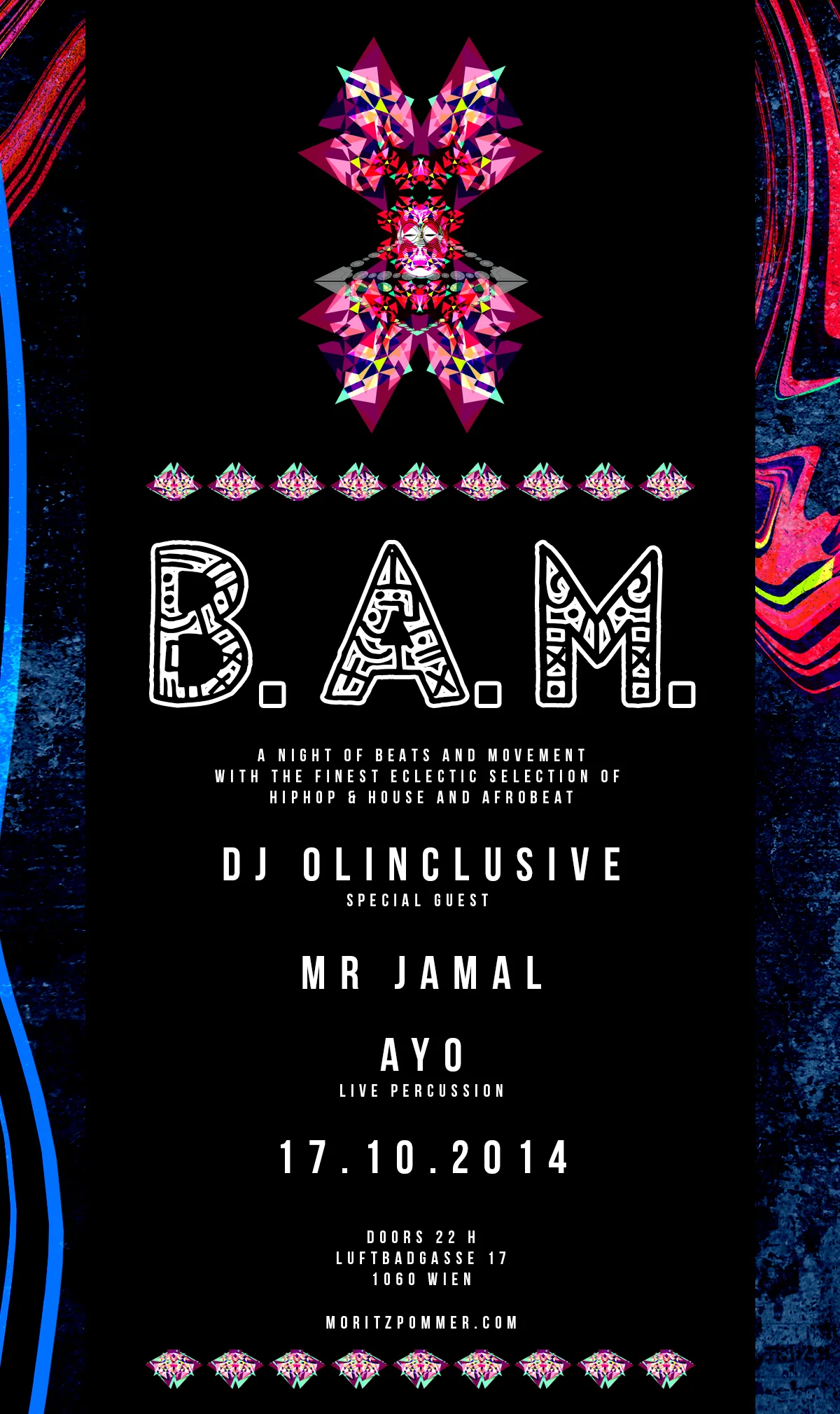 B.A.M. poster: a kaleidoscopic pink crystal ornament above the B.A.M. lettering and the line-up, on a dark textured ground