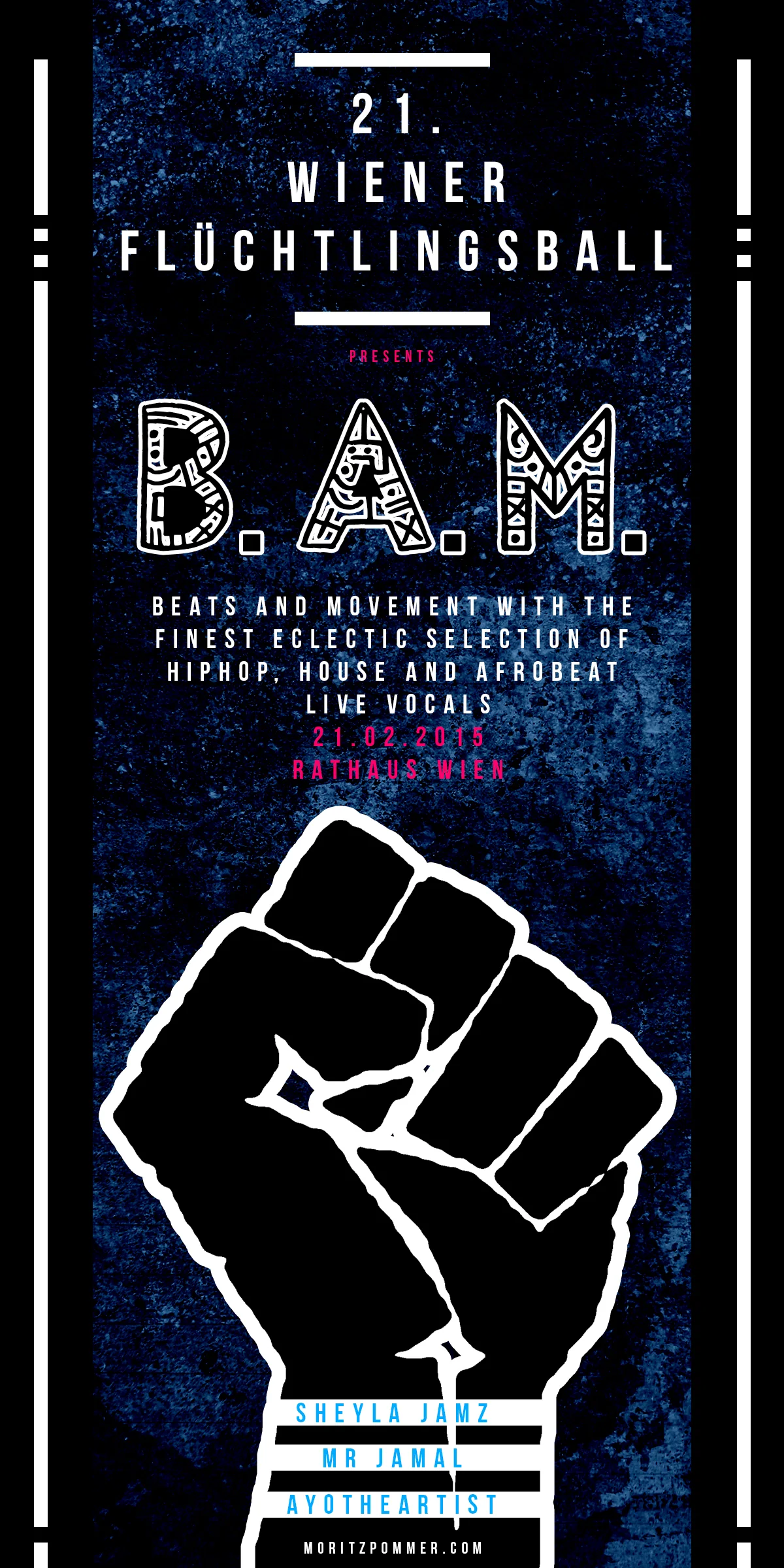 B.A.M. poster with a raised black fist outlined in white on dark blue, the line-up in white capitals