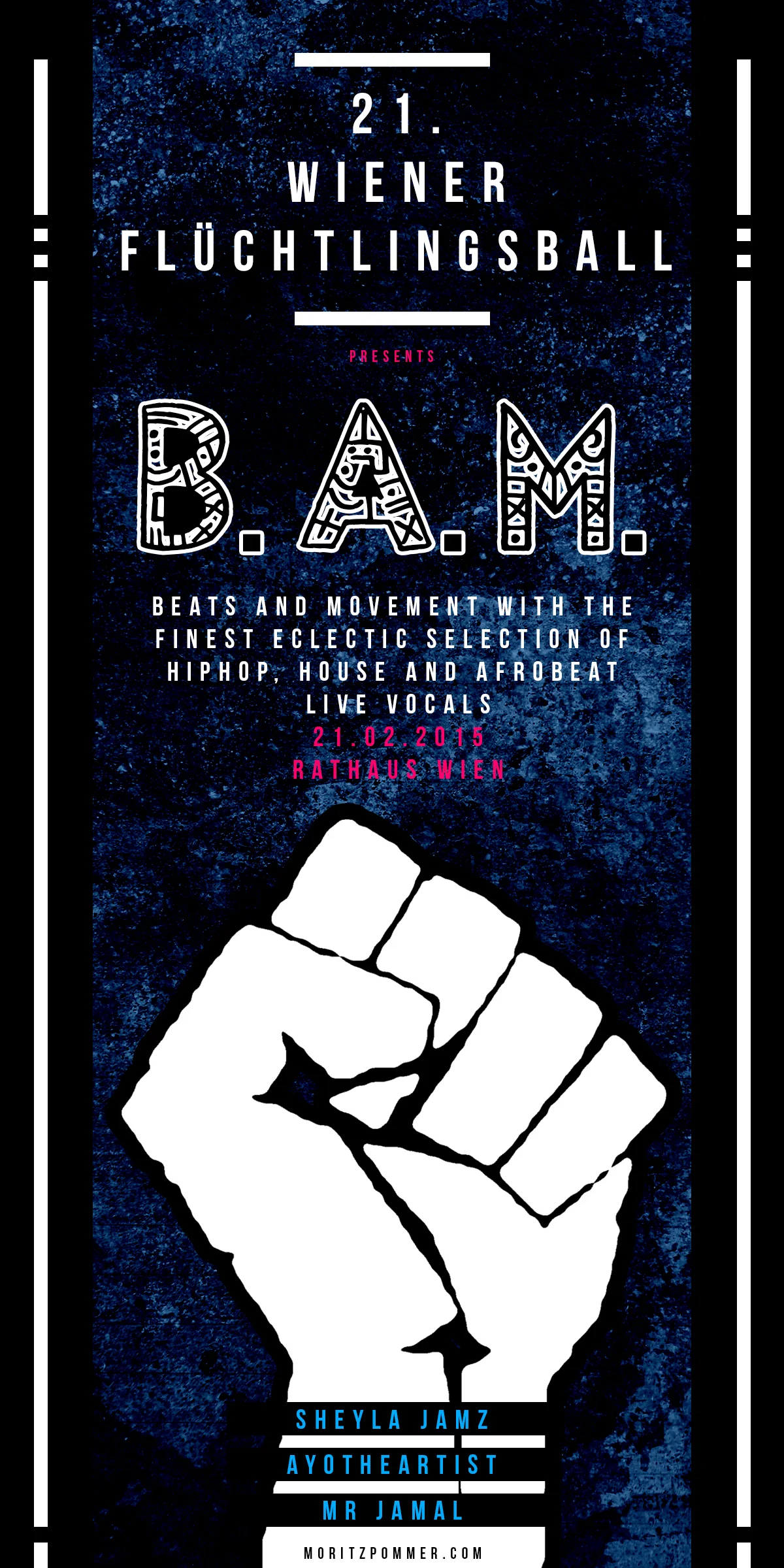 B.A.M. poster with a raised white fist on dark blue, the line-up in white capitals