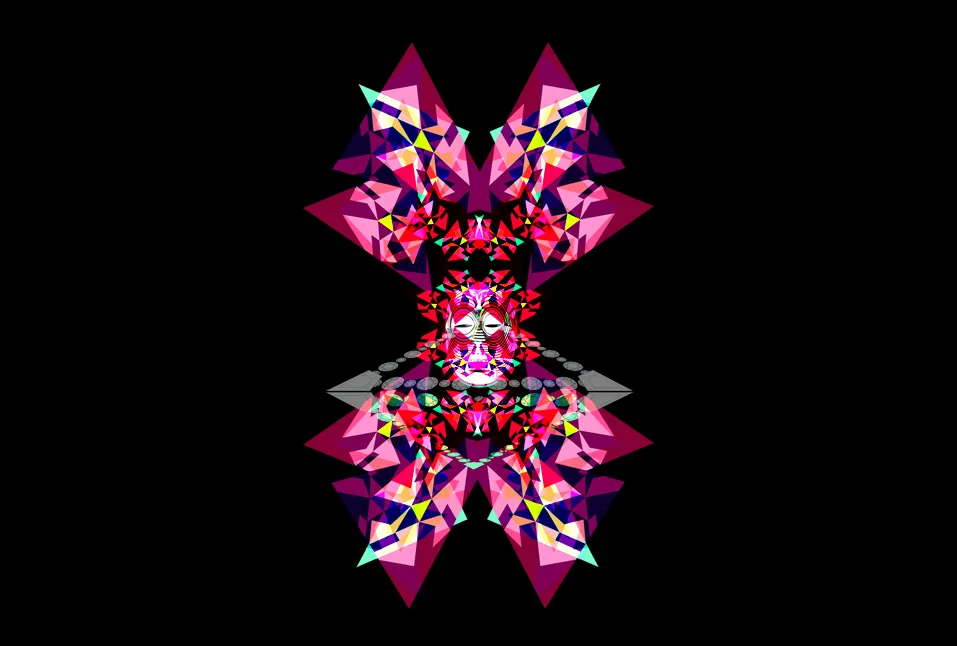 Kaleidoscopic ornament of pink, red and turquoise crystal shapes on black