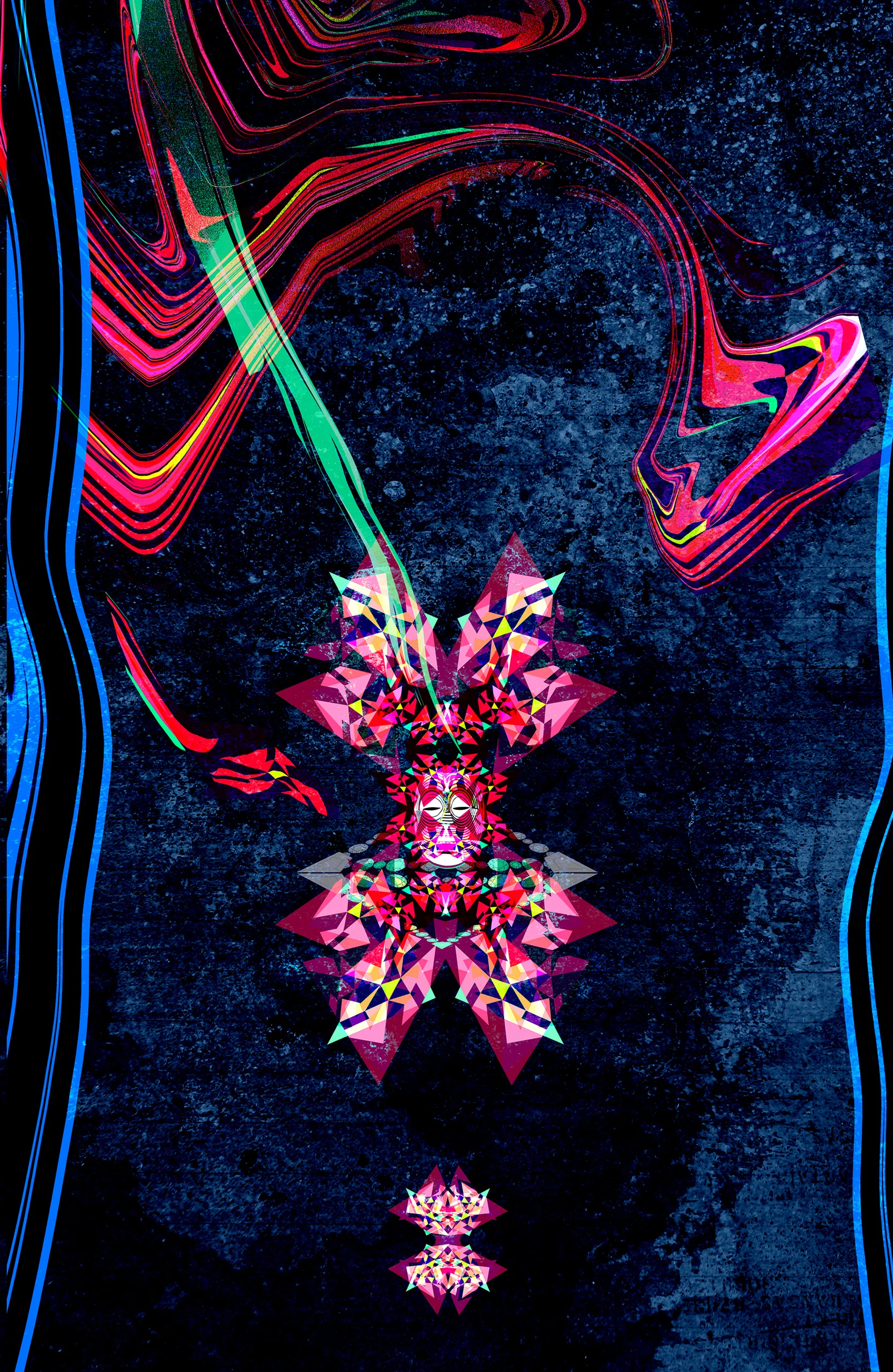 Kaleidoscopic crystal ornament under red and blue neon curves on a dark textured ground