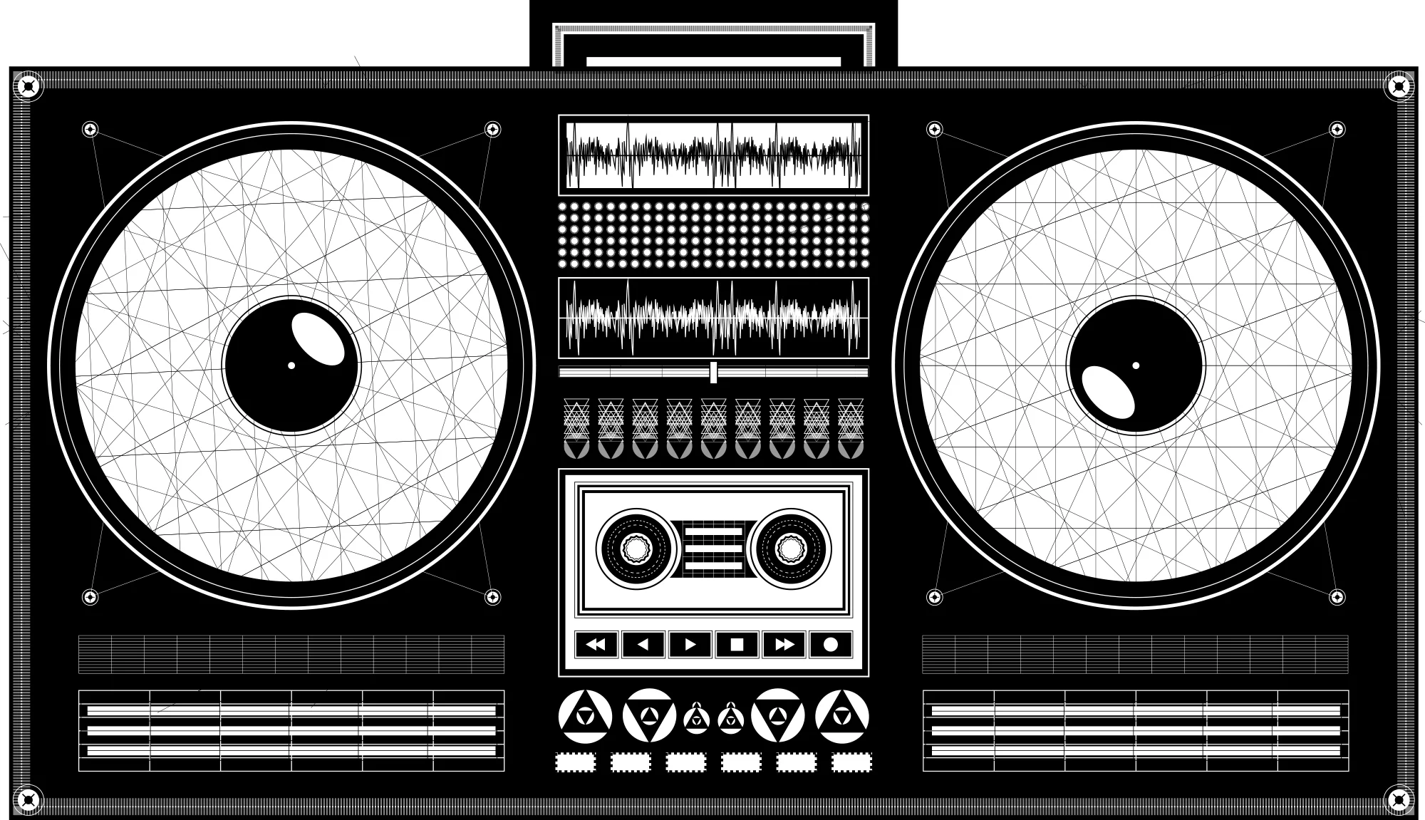 Vector boombox in black and white: two large speakers filled with web patterns, waveform displays and a cassette deck