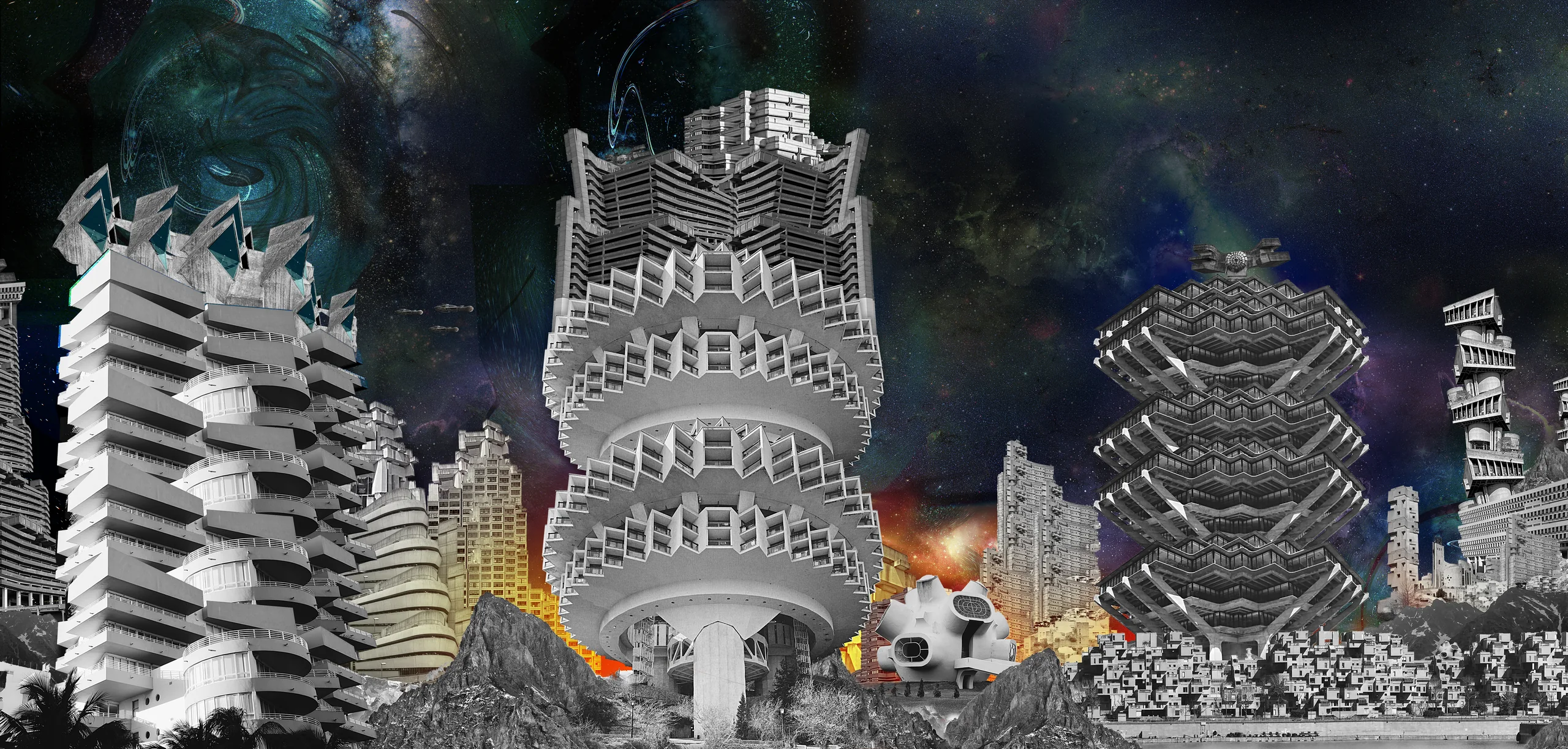 Panorama collage of brutalist concrete towers and housing blocks under a starry sky, with fire glowing between them