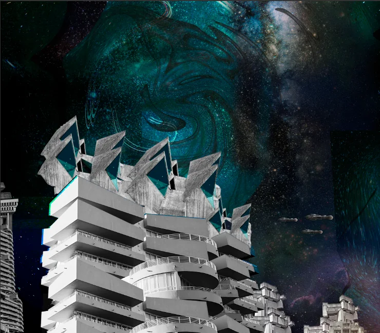 Detail: a stepped concrete building with angular balconies floating in a dark nebula