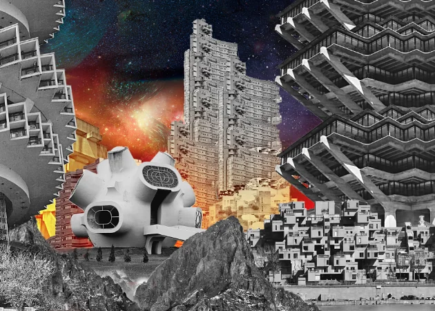 Detail: brutalist towers and a round capsule house in a rocky landscape, in black and white with spots of color