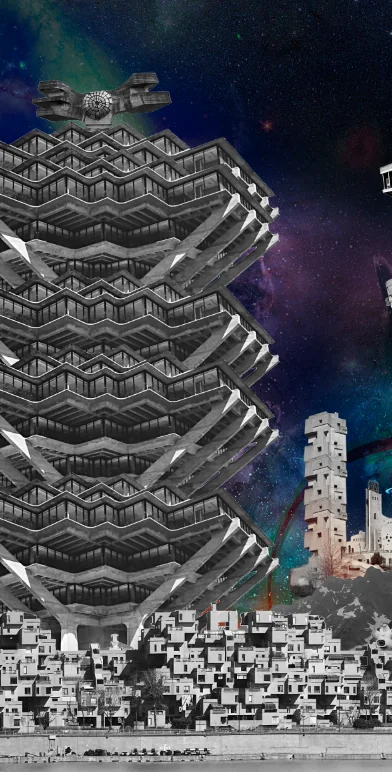 Detail: a narrow stack of zigzag concrete balconies above a dense black and white city