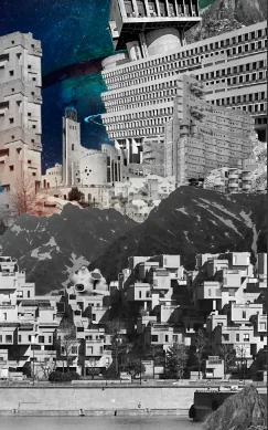 Detail: stacked concrete housing blocks below gray mountains and brutalist towers under a starry sky, in black and white with a touch of color