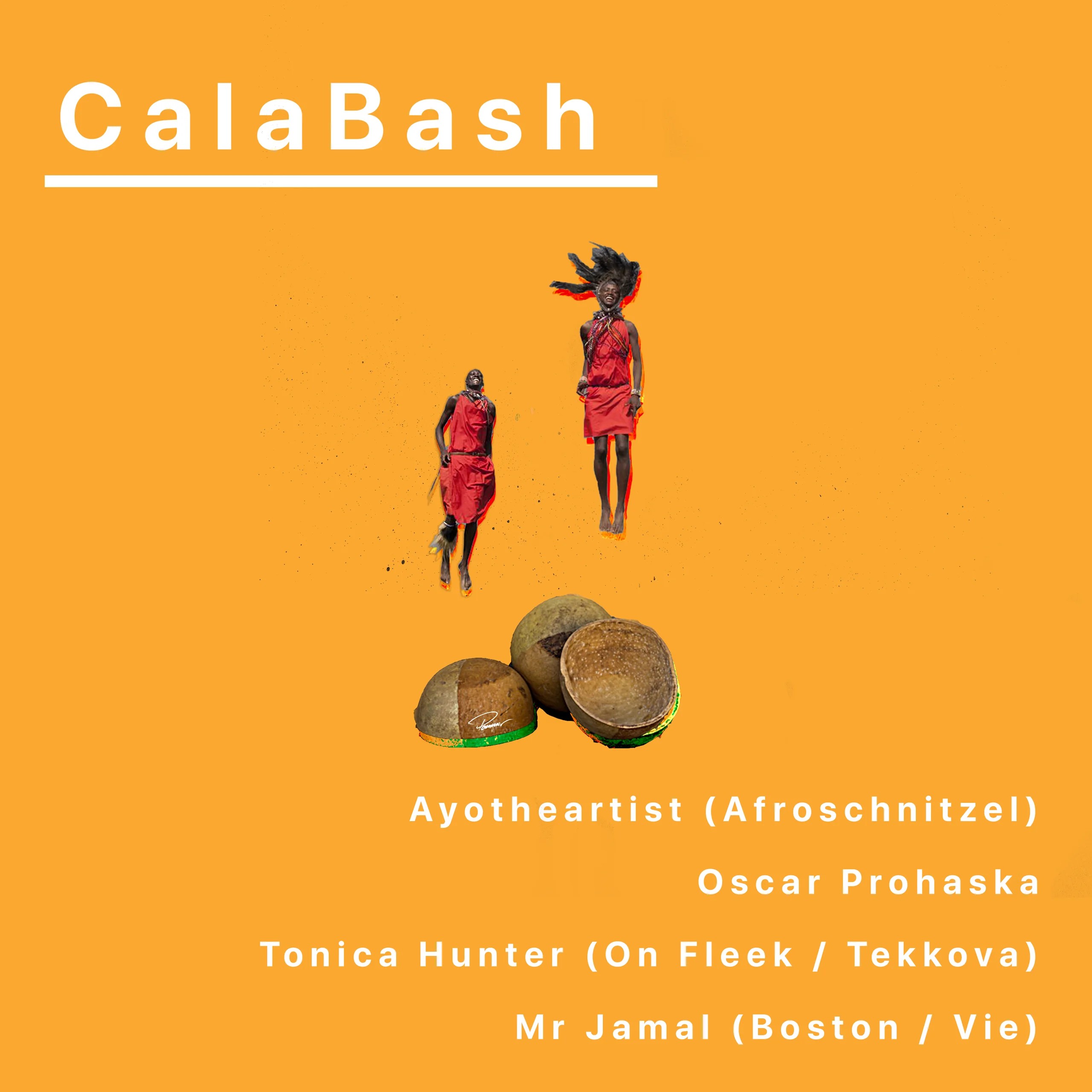 Cala Bash poster: CalaBash in white type, two figures in red leaping above a stack of calabash bowls on orange, the line-up set bottom right