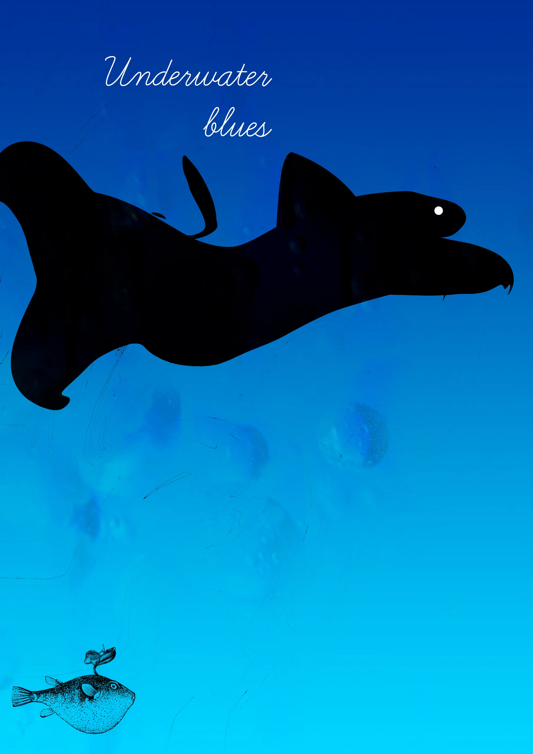 Poster Underwater blues: a black shark silhouette and a small pufferfish on deep blue