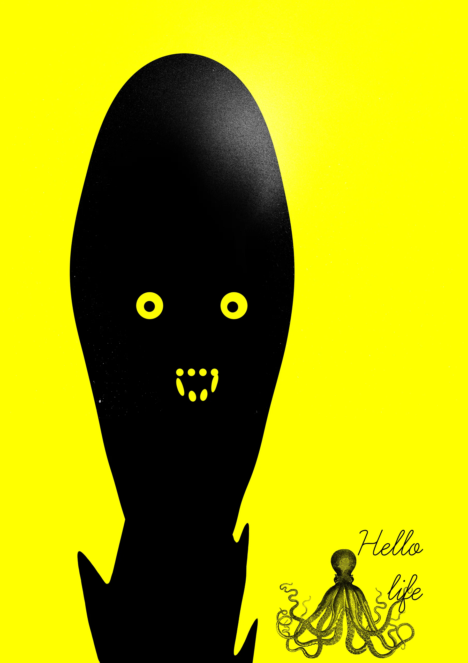 Poster Hello life: a black figure with yellow eyes on yellow, with a small octopus drawing