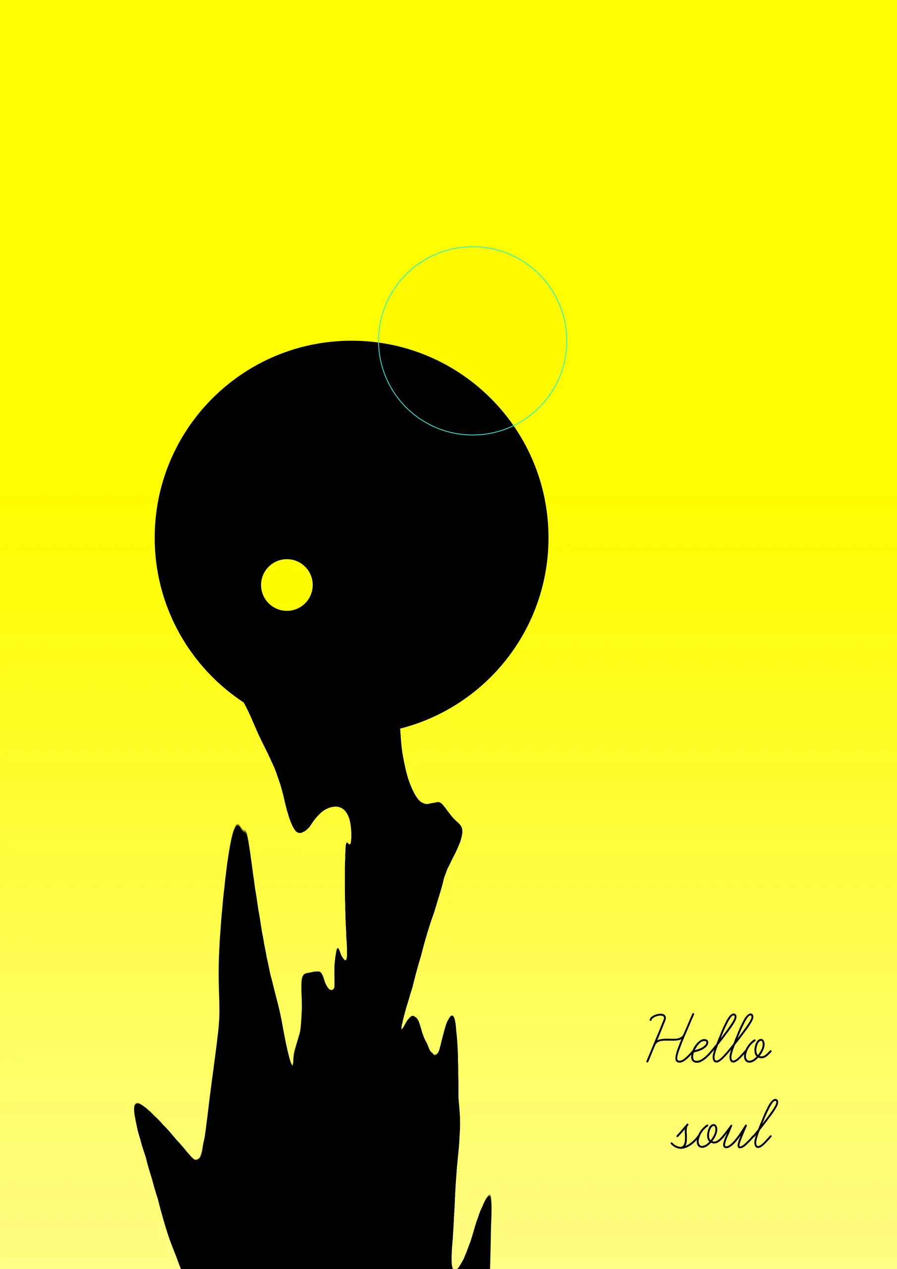 Poster Hello soul: a black round-headed silhouette with one yellow eye on yellow, a thin teal circle at its head