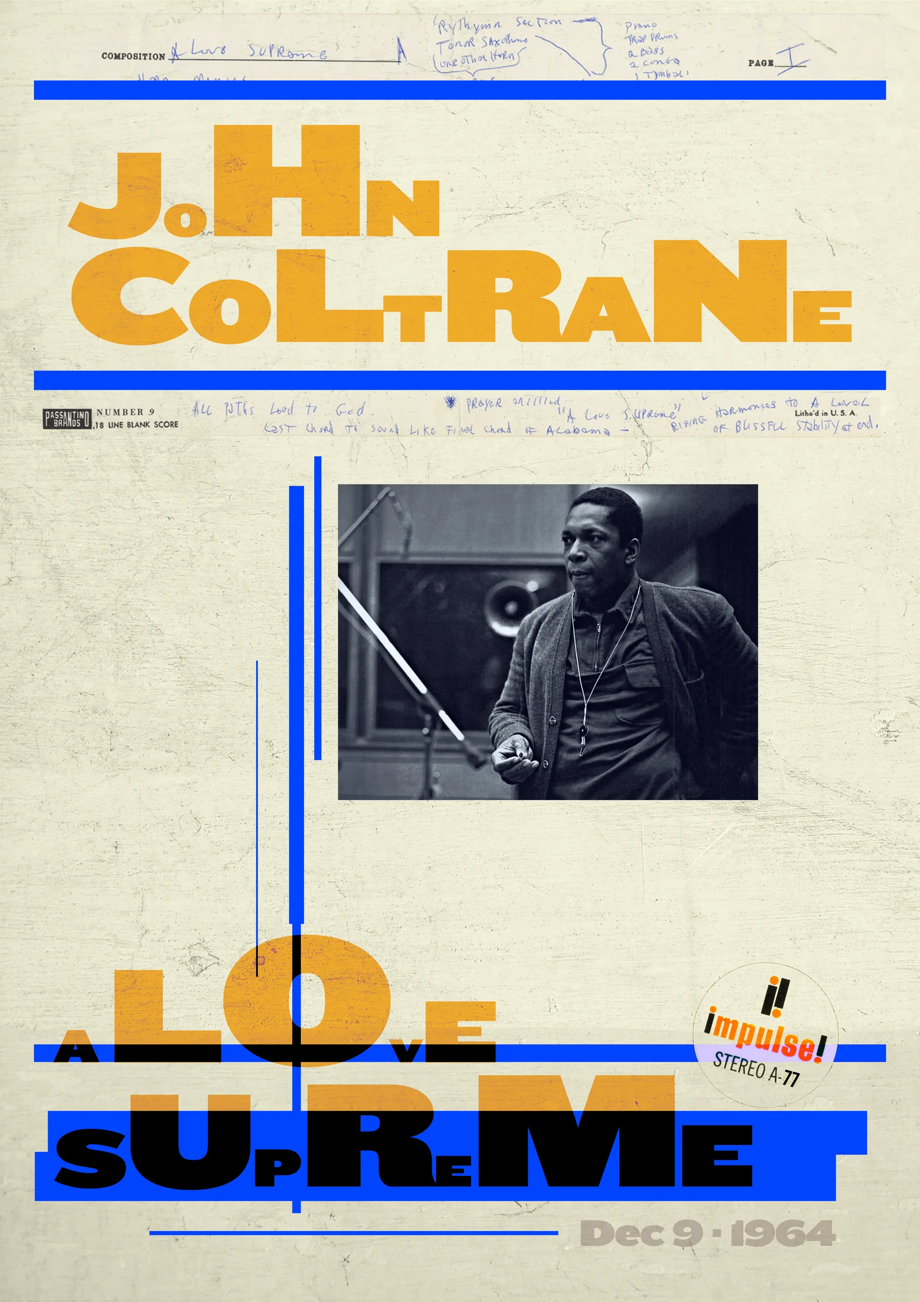 Poster version of the A Love Supreme tribute in portrait format, with the same type, blue bars and photo of John Coltrane