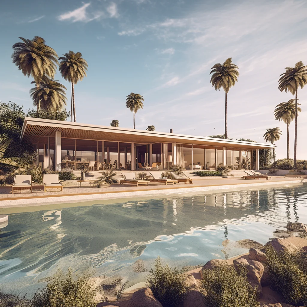 Variant 1: mid-century modern bungalow with a long flat roof above a natural rock pool, palm trees behind