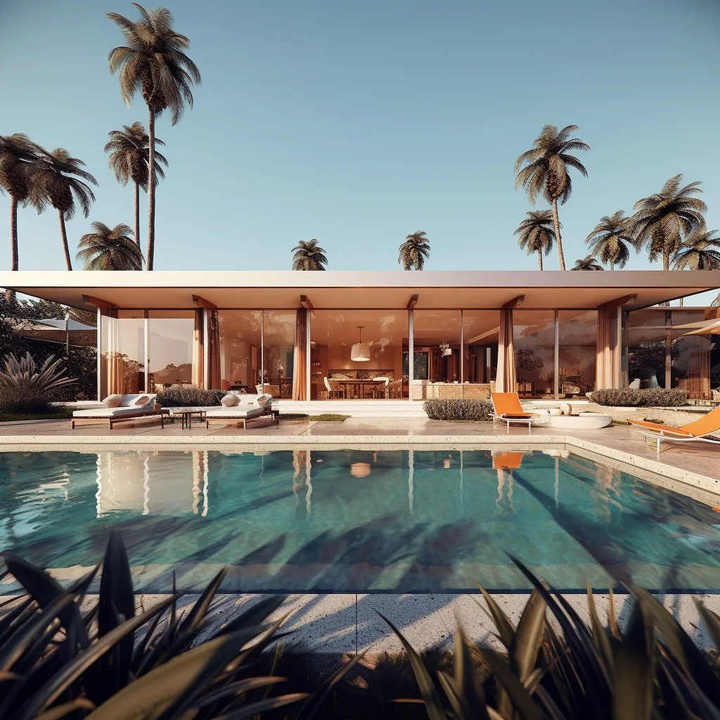 Variant 2: glass-walled bungalow with orange loungers on the terrace and a rectangular pool in front