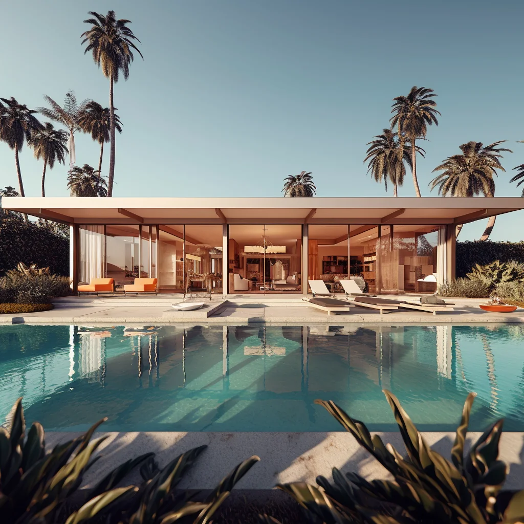 Variant 3: bungalow with floor-to-ceiling glass and the living room in view, seen across the pool through palm fronds