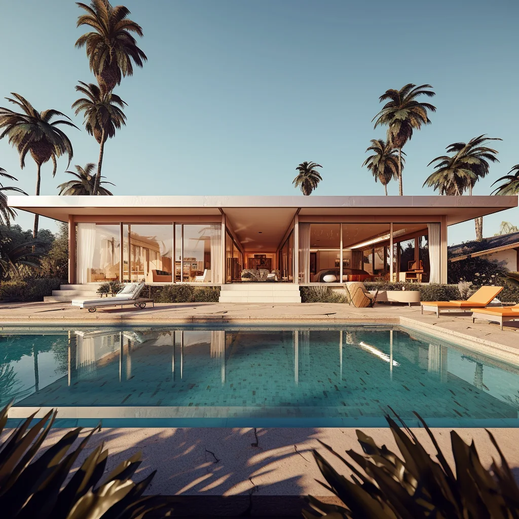Variant 4: bungalow seen from the pool edge, with steps down to the water and orange loungers