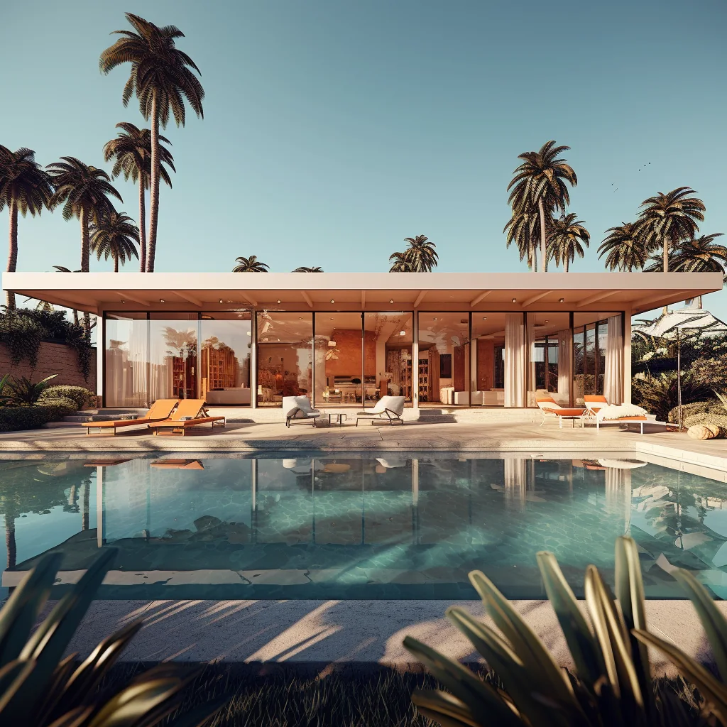 Variant 5: wide view of the bungalow, its terrace and pool, with palm trees on both sides