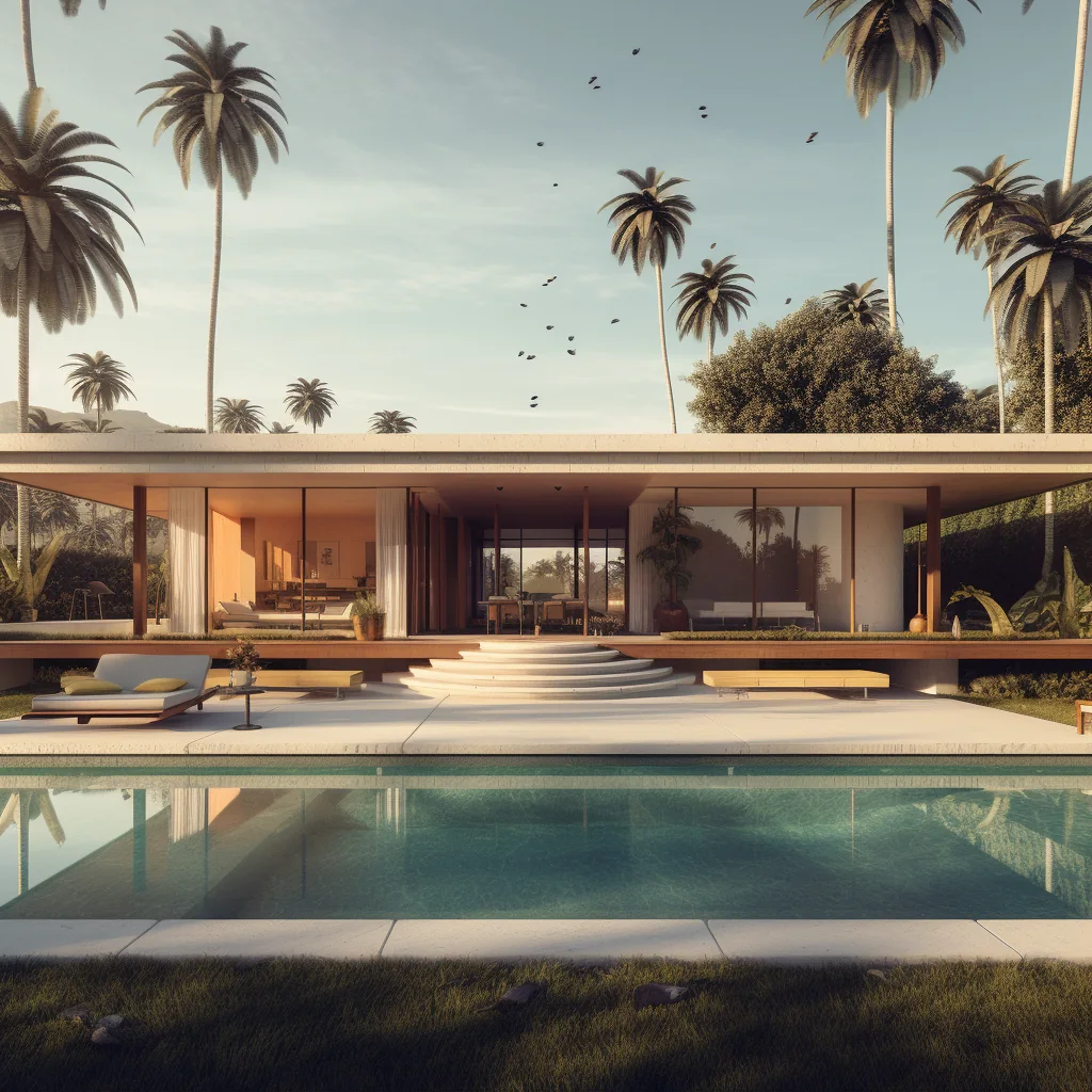 Variant 6: bungalow with semicircular steps between the terrace and the pool, birds above the palms