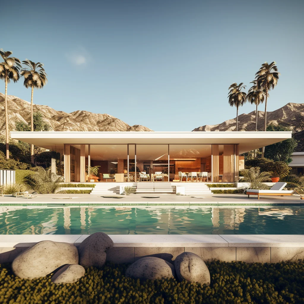 Variant 8: bungalow below desert mountains, with boulders and a lawn in front of the pool