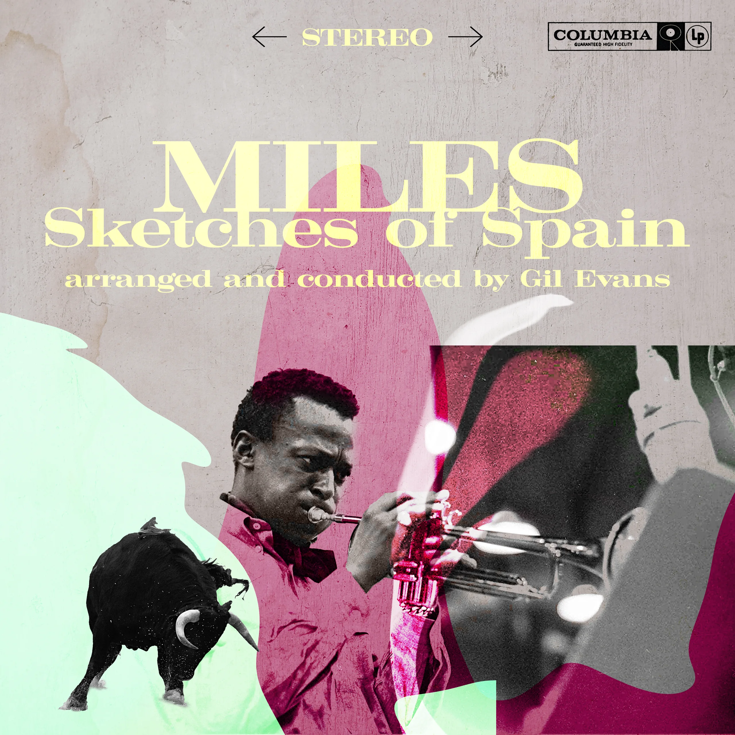 Second version of the album cover dedication: the same yellow serif type, pink and mint shapes and black bull, with a large magenta-toned photo of Miles Davis playing the trumpet