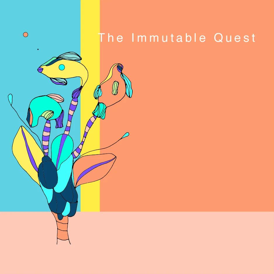 Track artwork The Immutable Quest: a striped plant creature on turquoise, yellow and coral fields