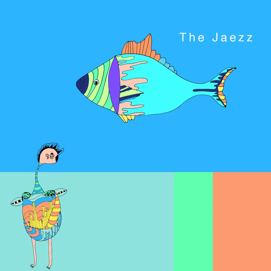 Track artwork The Jaezz: a large striped fish over a bird-like creature on blue and mint fields
