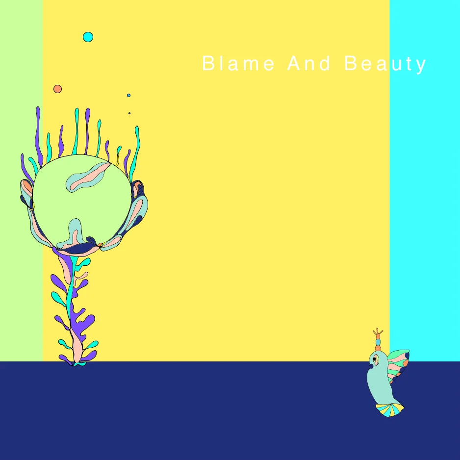 Track artwork Blame And Beauty: a round flower with tendrils on lime and yellow fields above navy, a small bird at the bottom right