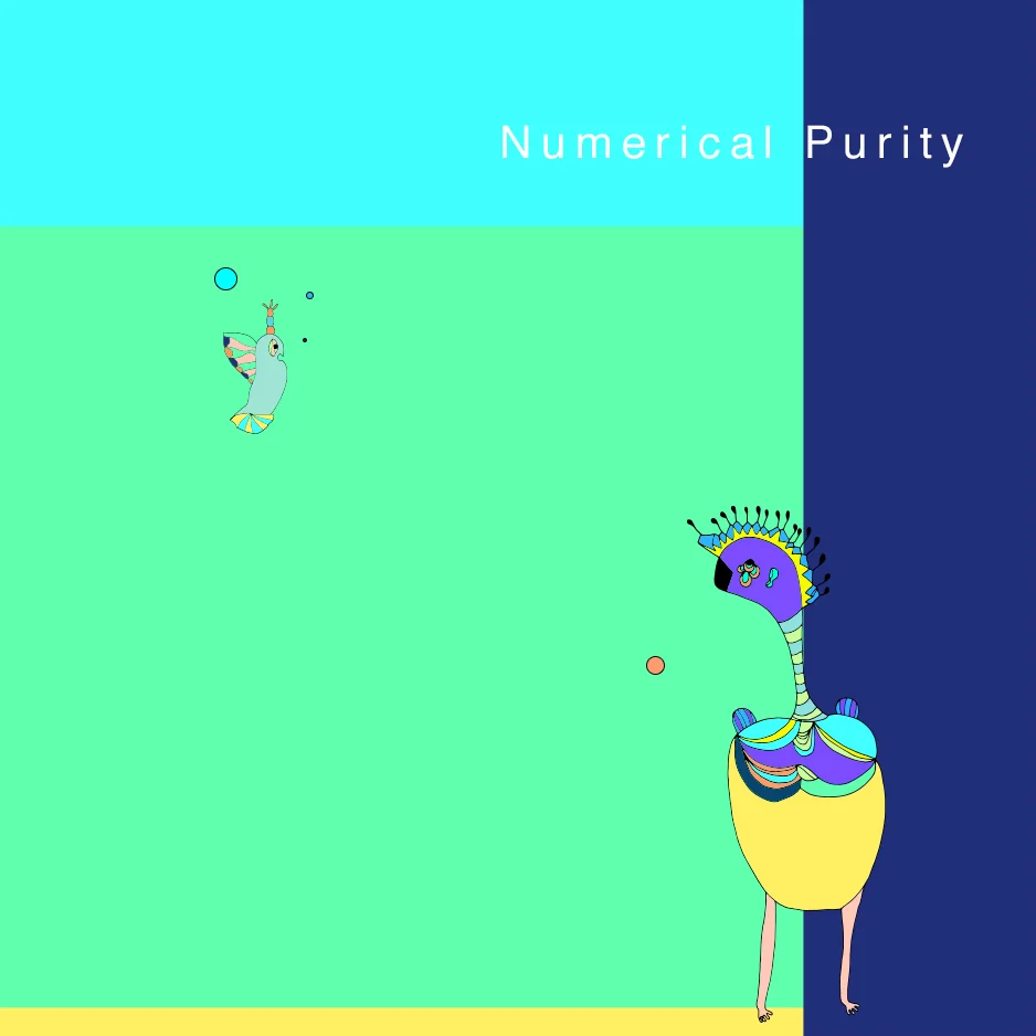Track artwork Numerical Purity: a crested bird creature with a yellow body on mint and navy fields, a small bird above