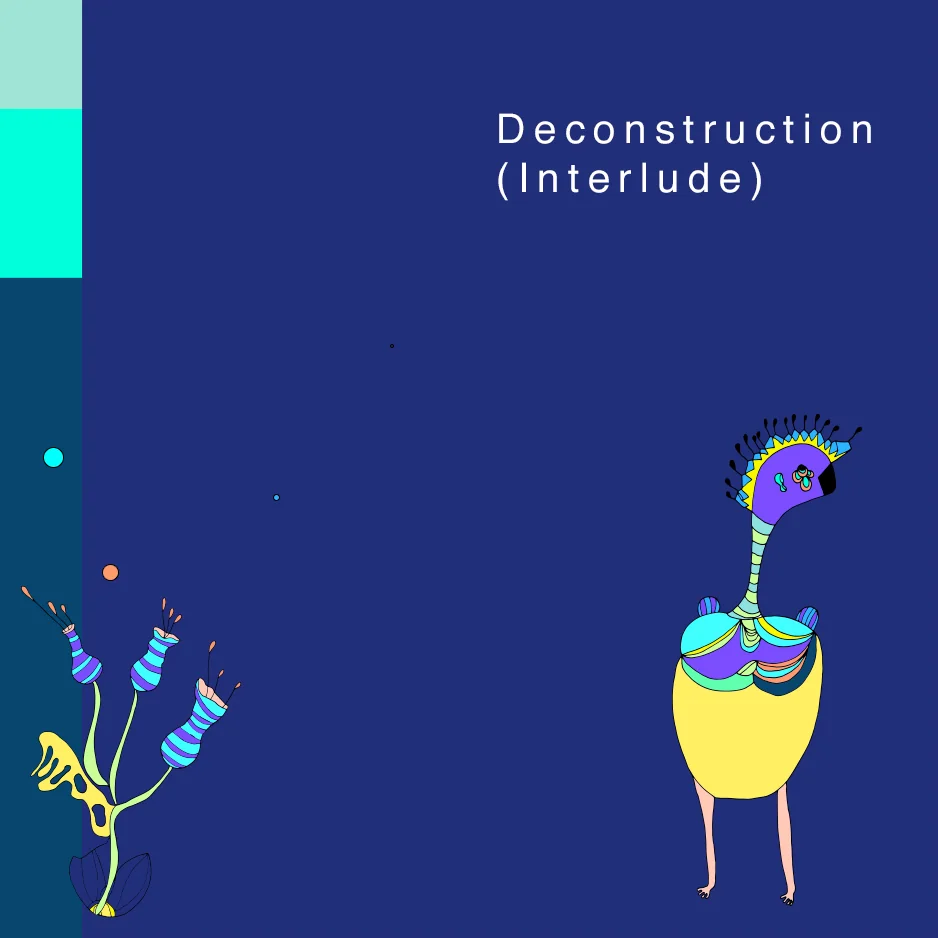 Track artwork Deconstruction (Interlude): the crested bird creature and striped flower buds on navy