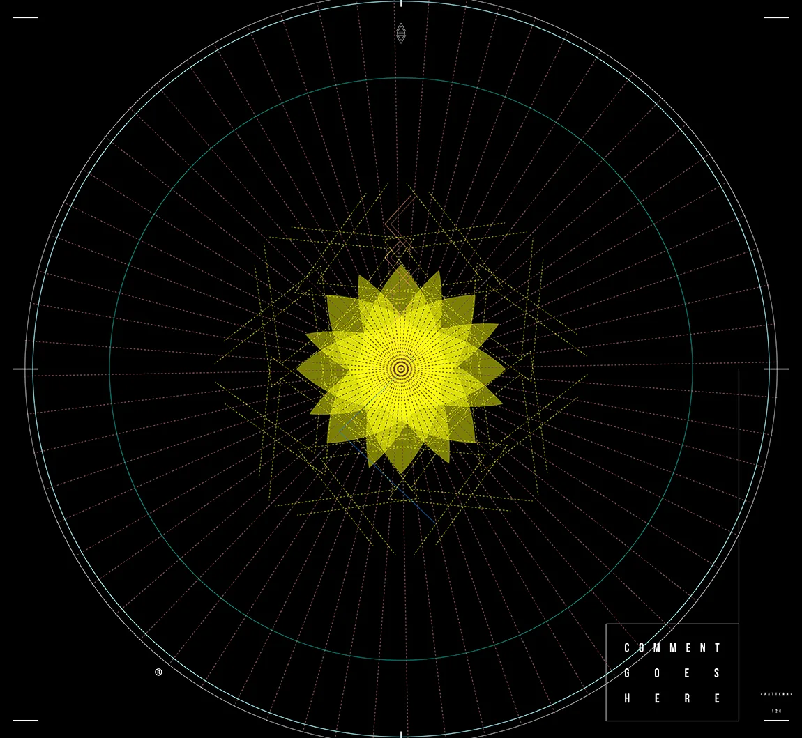 A yellow star of fine lines inside thin concentric circles on black, with interface frame marks