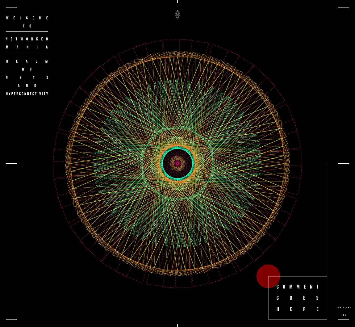 An orange and green ring of looping lines on black, with the text Welcome to Networked Mania, Realm of Nets and Hyperconnectivity