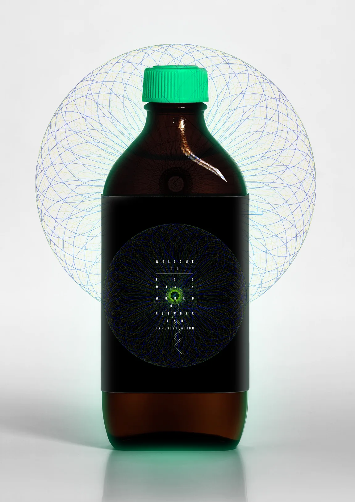 A brown glass bottle with a green cap, its label carrying a network pattern, in front of a large blue line circle