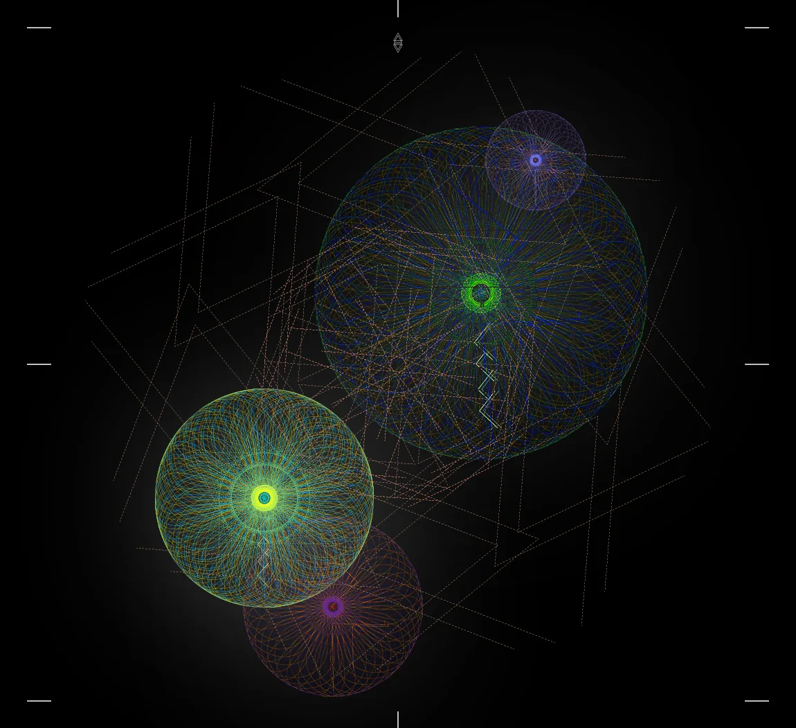 Overlapping circles of colored lines with glowing centers on black
