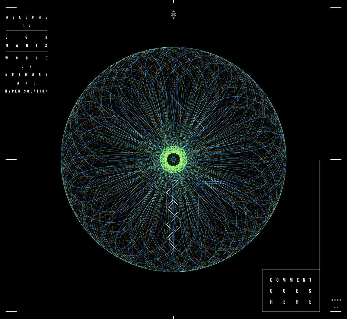 A blue and green circle of looping lines on black, with the text Welcome to Ego Manix, World of Networx and Hyperisolation