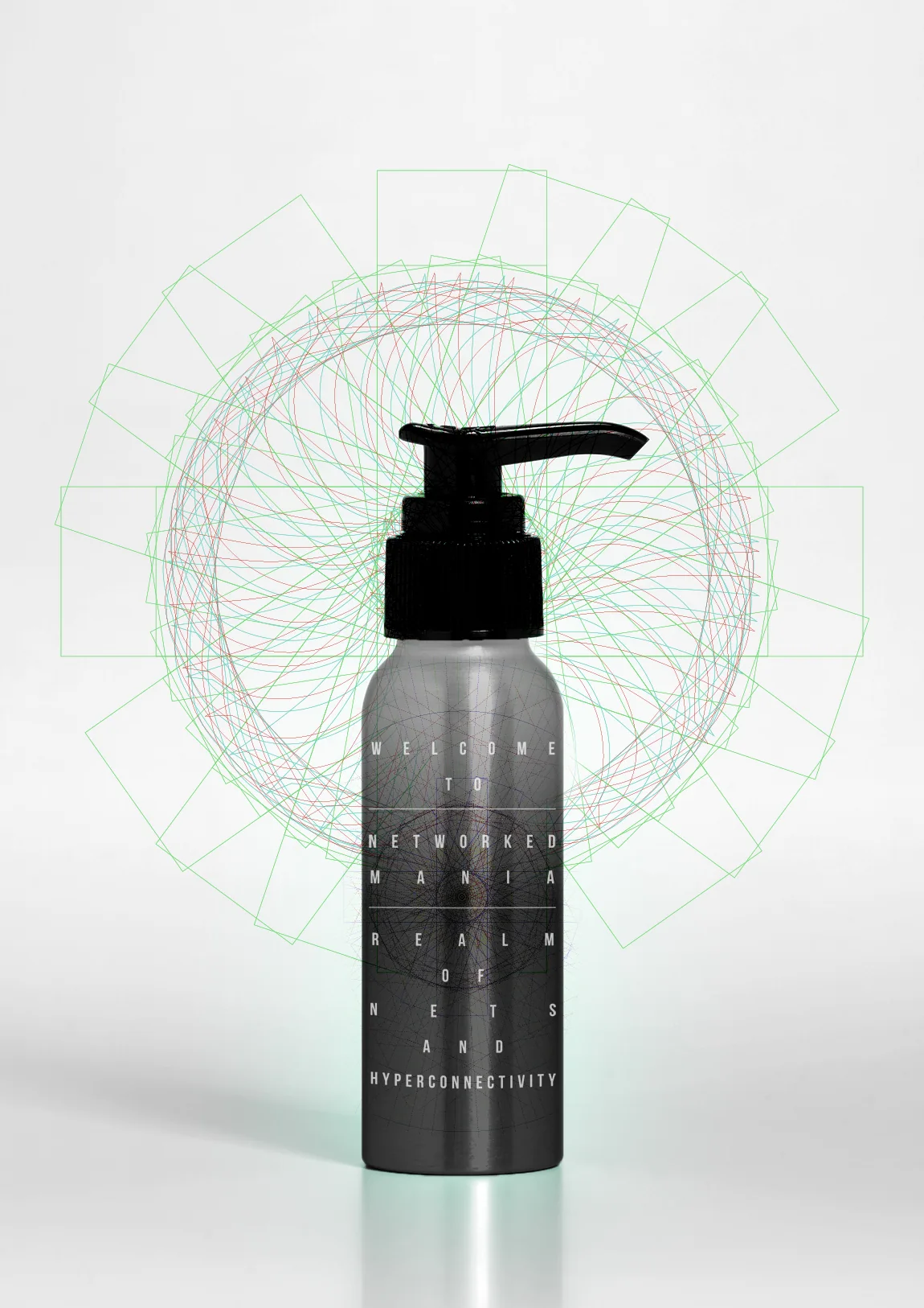 A metal pump bottle printed with Welcome to Networked Mania, in front of pale green line patterns