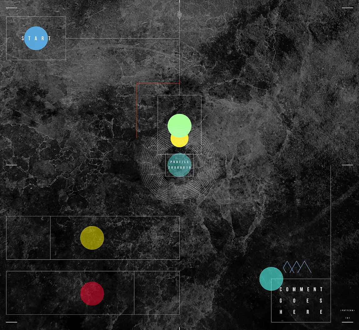 Colored dots and frames on dark marble, one labeled Profile, like an interface map
