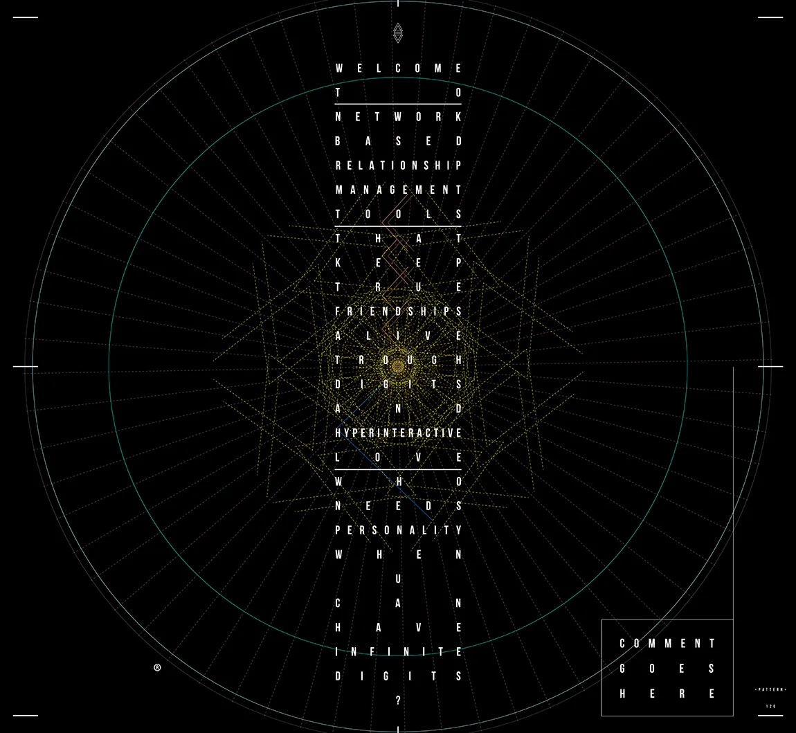 The manifesto Welcome to network based relationship management tools in a column of spaced white capitals, over a faint yellow line star inside teal circles on black