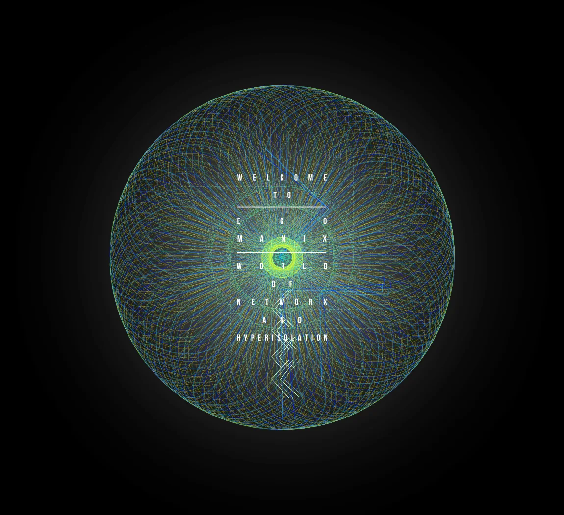 A dense sphere of blue, green and yellow lines with a glowing green center on black, with the text Welcome to Ego Manix