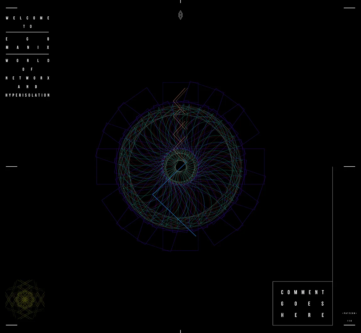 A violet, green and orange ring of turning squares and loops crossed by a blue zigzag line on black, the Ego Manix text set top left