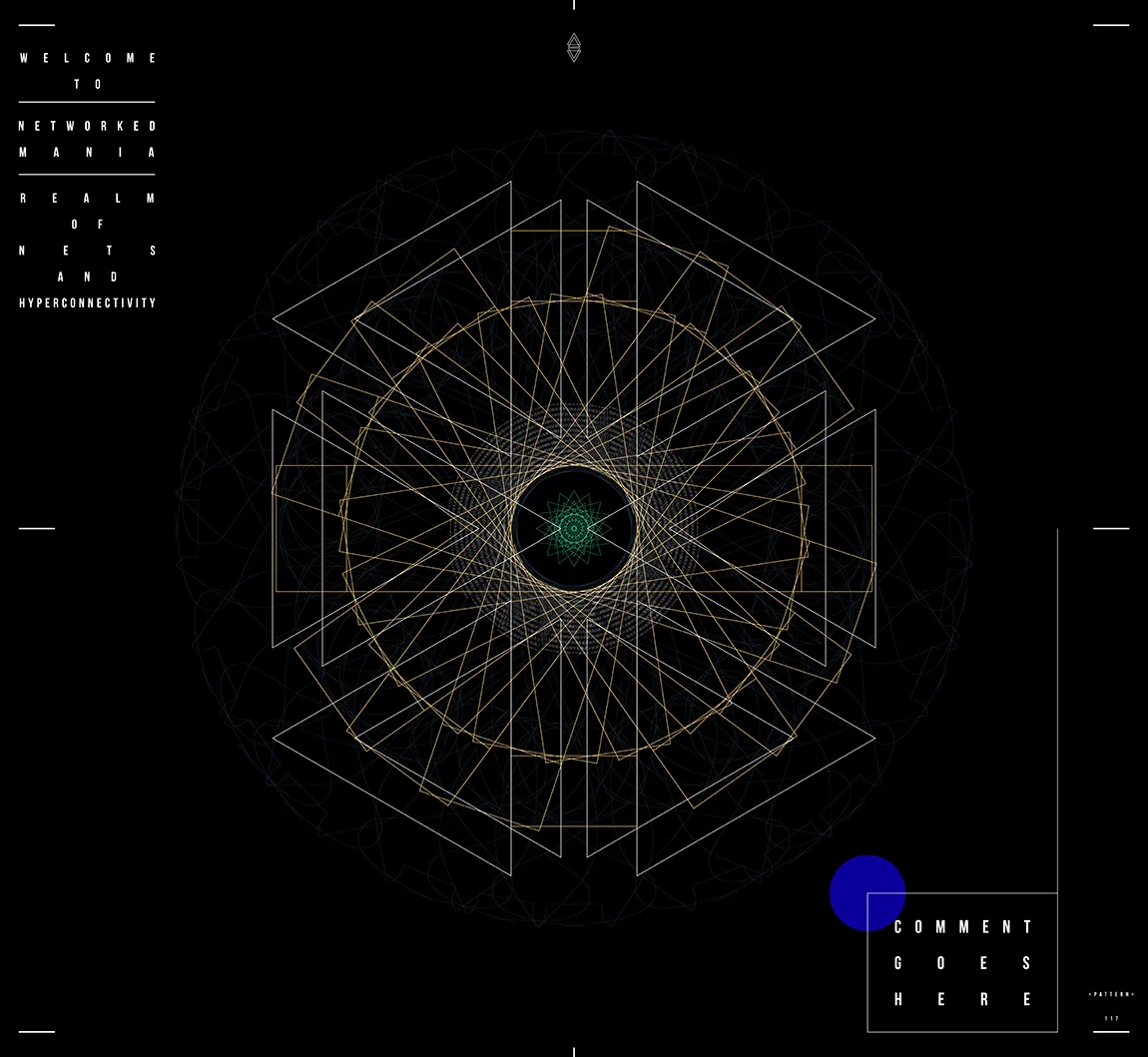 A star of white and gold squares and hexagons around a small green center on black, with a deep blue dot by the Comment goes here box