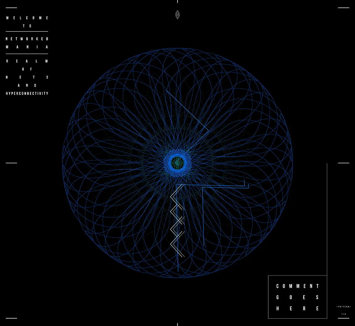 A blue sphere of looping lines with a white zigzag line on black, the Networked Mania text set top left