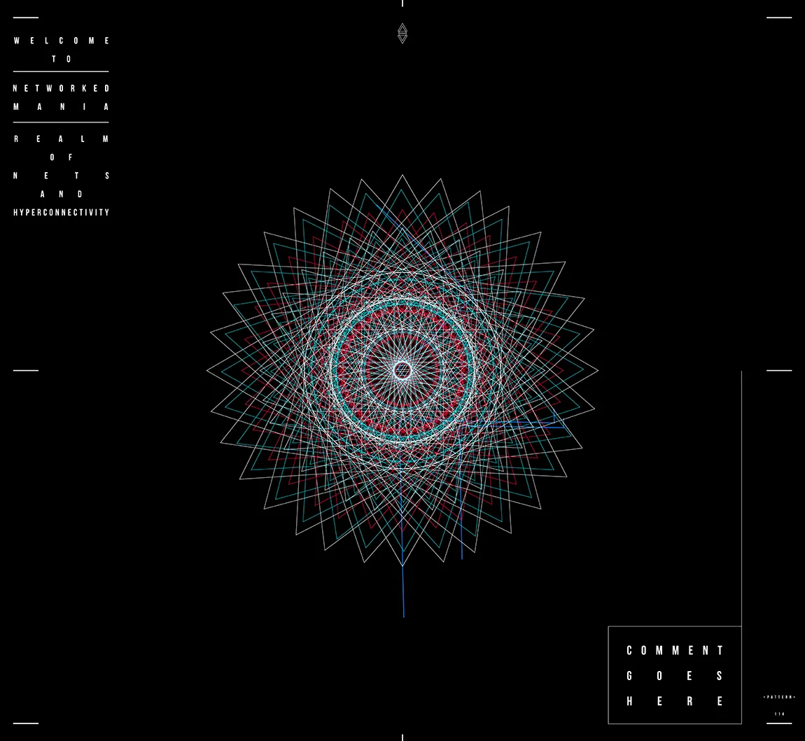A spiky star of white, teal and red lines around a small white ring on black, the Networked Mania text set top left