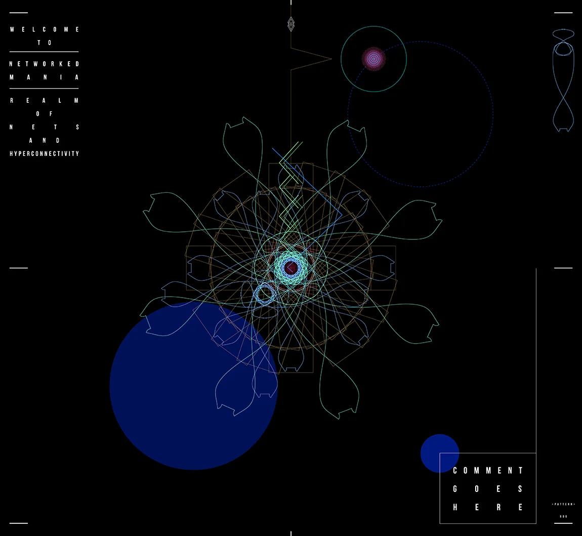 Green petal loops around a glowing blue center, with a large navy disc at the lower left and a pink spiral in a teal circle at the top right, on black