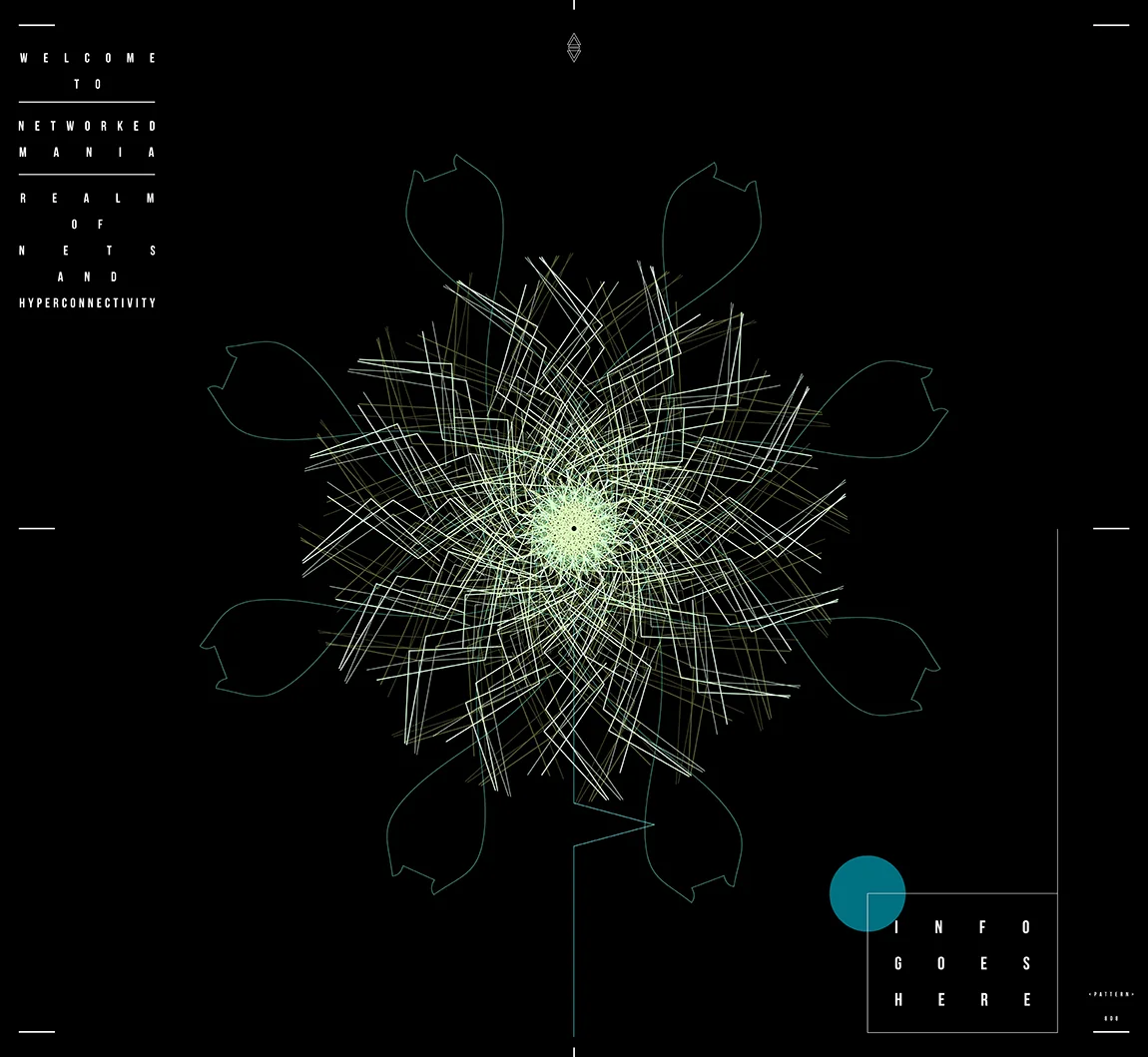A burst of pale yellow zigzag lines inside dark green petal outlines on black, with a teal dot by an Info goes here box