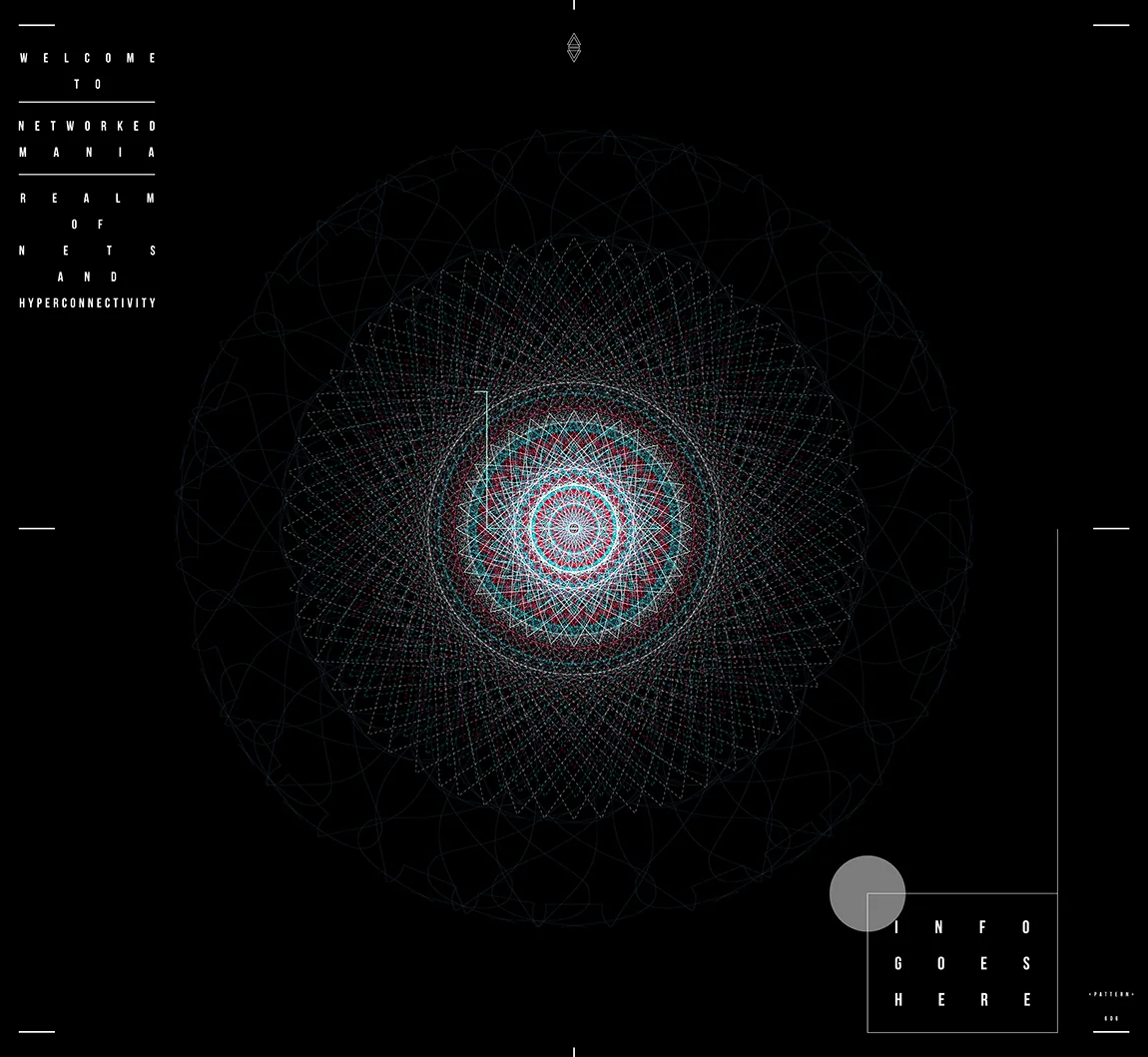 A rosette of fine red, teal and white lines inside a faint dark ring on black, with a gray dot by an Info goes here box