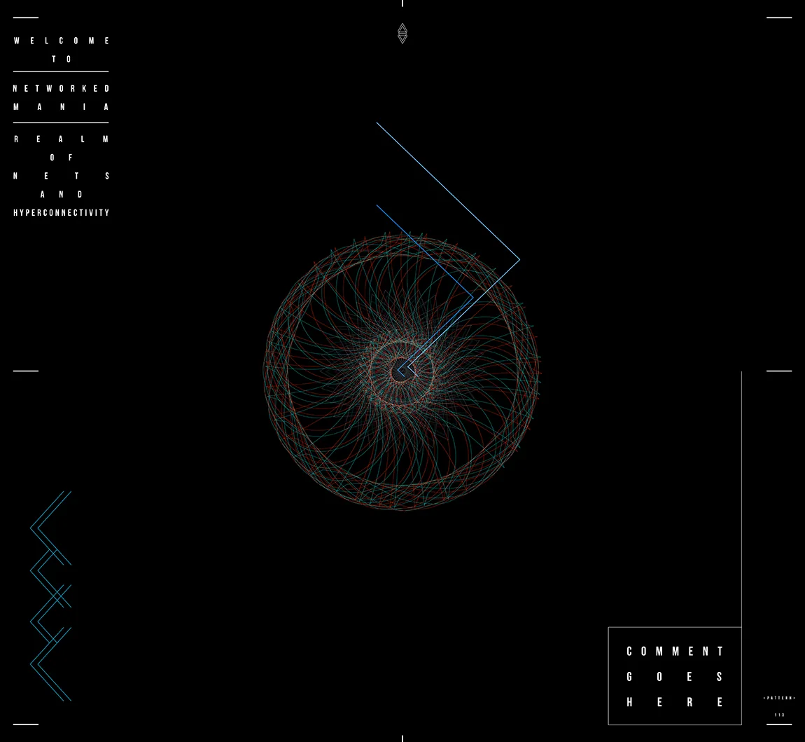 A small red and teal ring of loops crossed by a blue angled line on black, with blue zigzags at the lower left