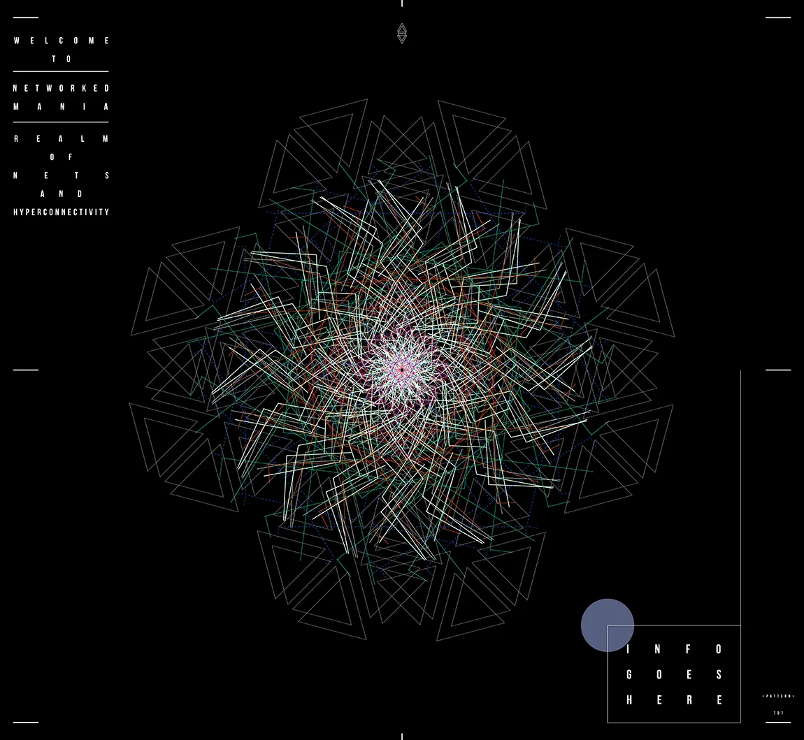 A dense burst of white, green and red zigzag lines framed by gray triangle outlines on black, with an Info goes here box