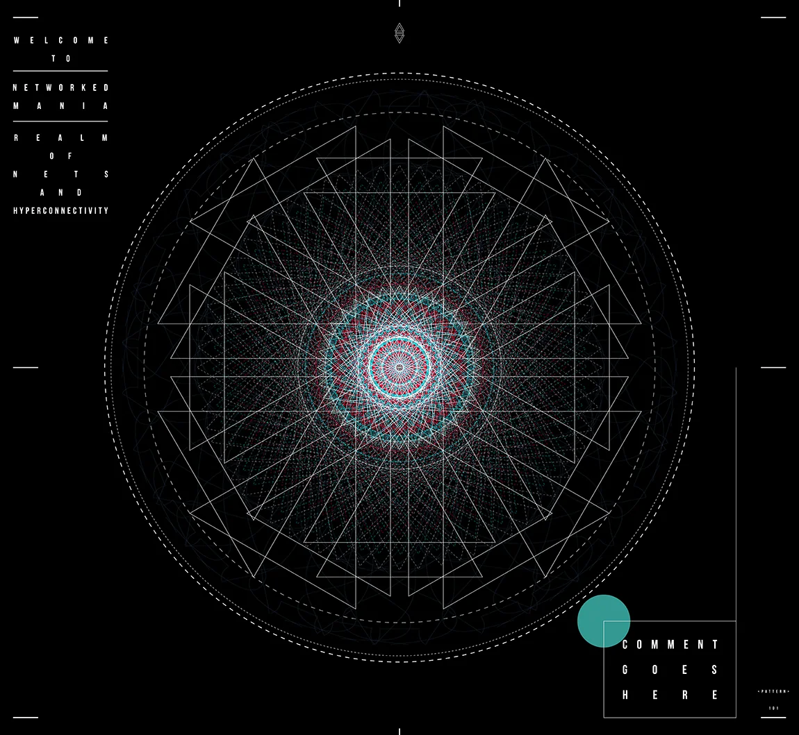 White triangles overlapping inside dashed circles around a red, teal and white rosette on black