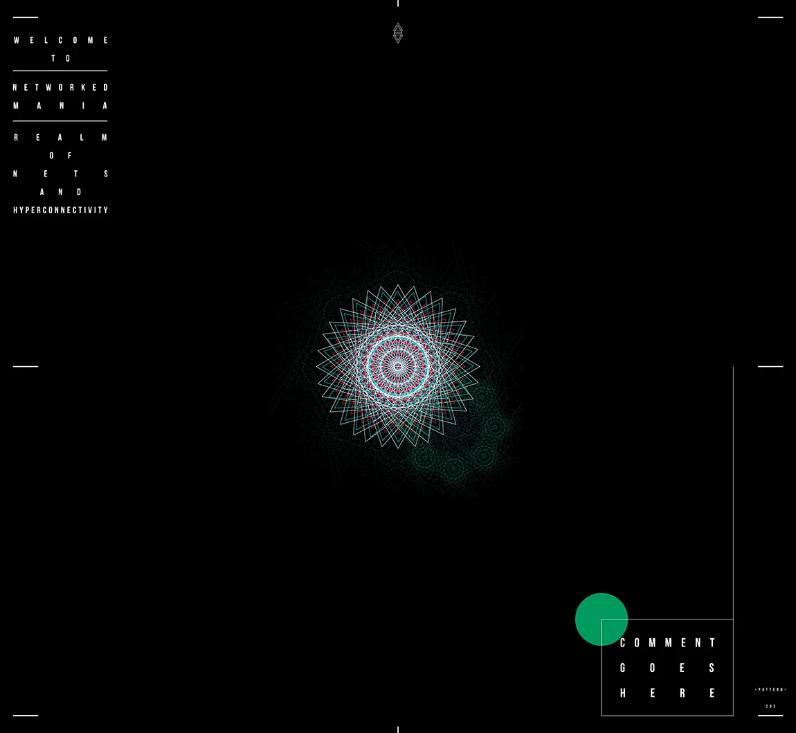 A small star of white and teal lines around a red and white rosette on black, with a green dot by the Comment goes here box