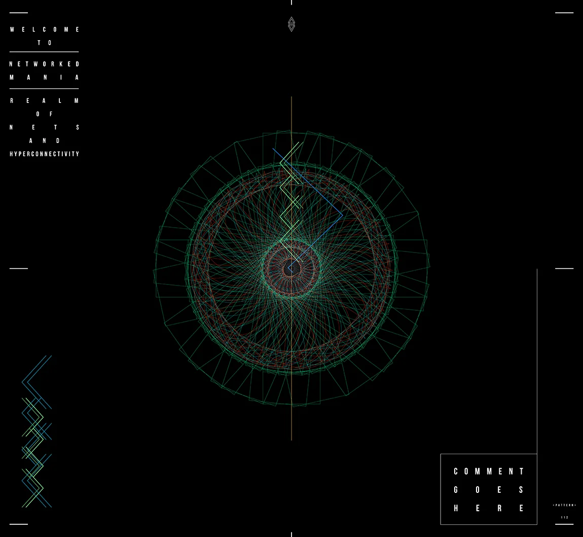 A green ring of turning squares around red lines, crossed by yellow and blue zigzags, on black